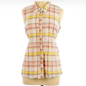 Motherhood Maternity L‎ yellow/pink/white plaid button up sleeveless top